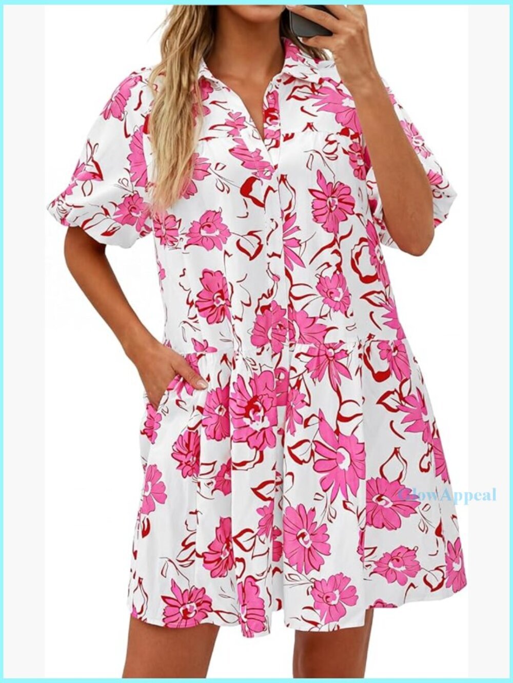 Puff Sleeve Button Down Mini Shirt Dress, Cotton Blend, Loose Fit with Pockets